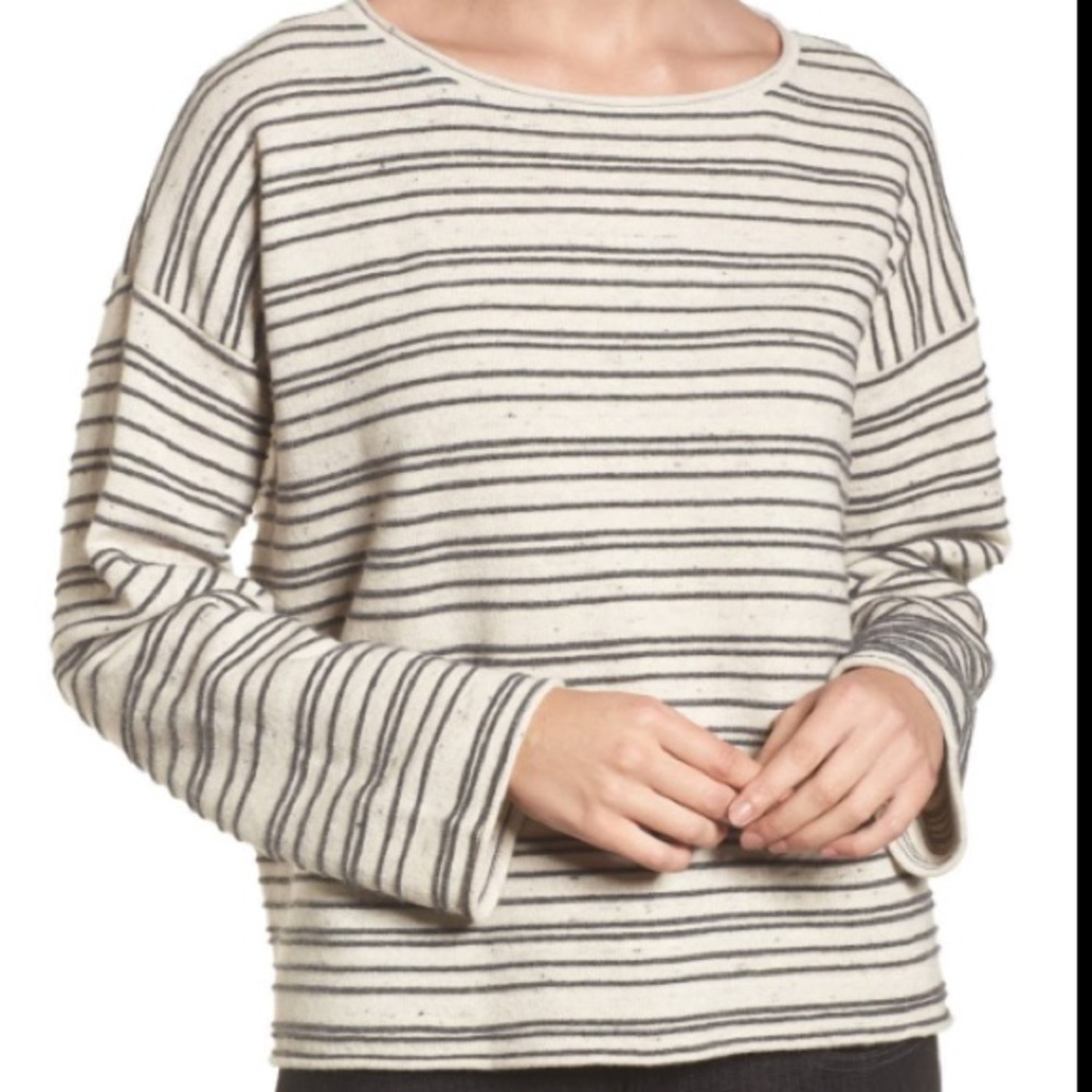 Eileen Fisher  Black Cream Organic Cotton Wool Blend Striped Top 3396